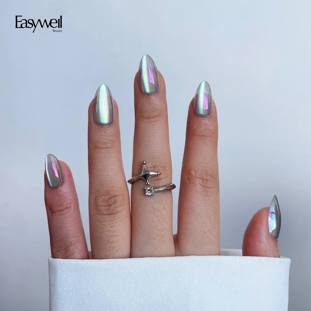 Easywell New Fashion 30pcs Soft Acrylic Gel Nail Tips Metallic Electroplated Almond Cat Eye Luxury Press on Nails with Packaging