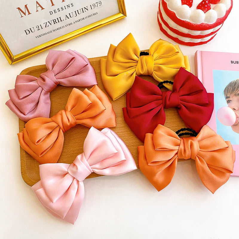 Cute Design Satin Girls Sweet Rubber Hair Bow Ties and Hairgrips Bow Hair Clips