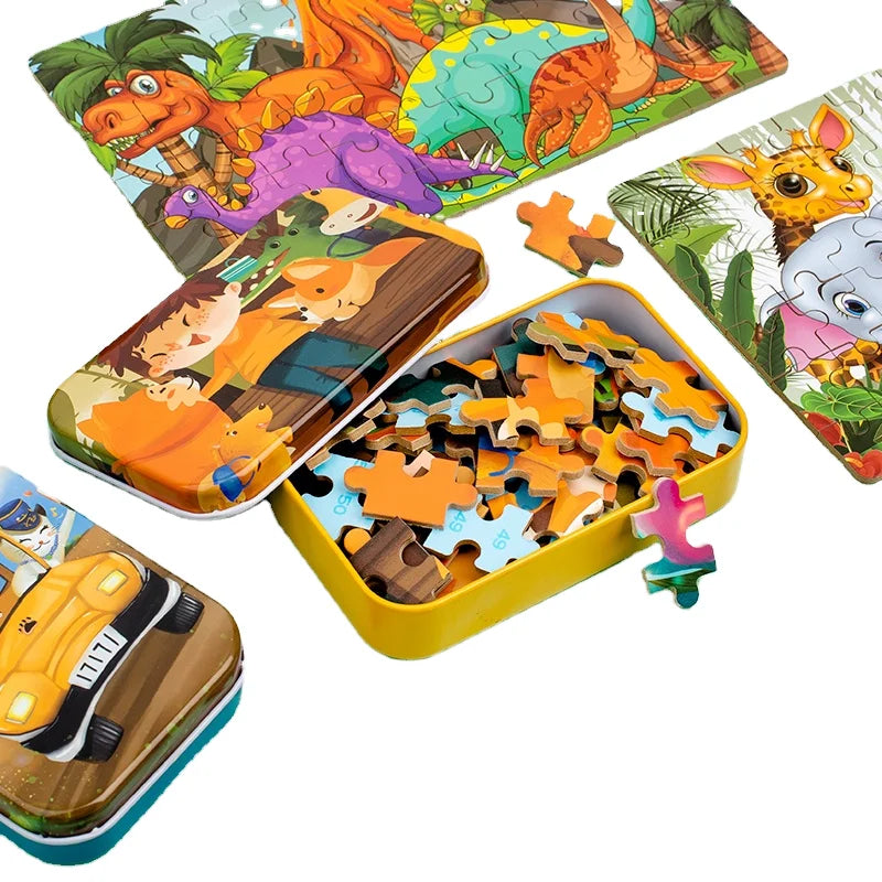 2025 New product children early educational learning wooden 60PCS iron box puzzle jigsaw puzzles toys for kids boys & girls CE