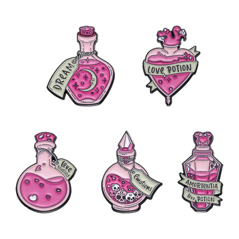 Potion Bottle Brooch Pin Custom Dream love Potion Soft Enamel Pins Lapel Badge Funny Cute pink Pin Gift for Fall in love Friends
