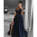 New One Shoulder Navy Blue Dubai Evening Dresses Sleeve A-Line Split Satin Lace Beaded Formal Prom Dress Robe De Soiree