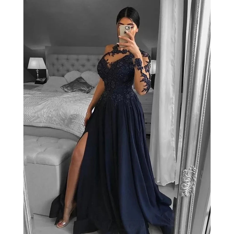 New One Shoulder Navy Blue Dubai Evening Dresses Sleeve A-Line Split Satin Lace Beaded Formal Prom Dress Robe De Soiree