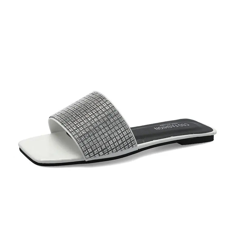 Women's Best Selling Rhinestone Fashion Flat Slippers Square Toe Comfortable Soft Bottom Ladies Casual Shoes Convenient One Foot