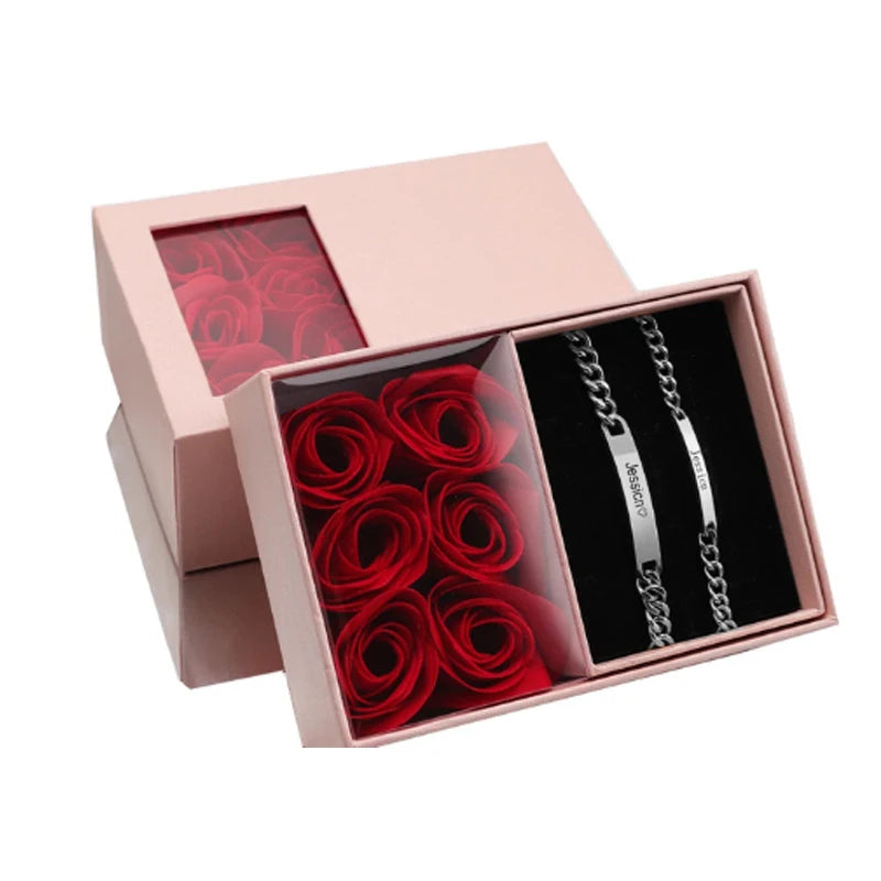 Factory Wholesale Custom Name Jewelry Stainless Steel Bar Engraved Chain Bracelet for Couples with Rose Gift Box