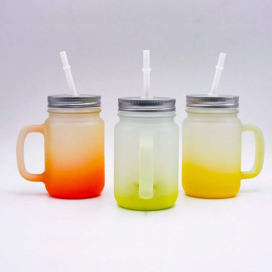 Topjlh Sublimation Blank Mug Glass Tumbler 15oz 450ml Frosted Gradient Color Mason Jar with Handle Customized Mug Wholesale