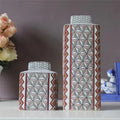 Cream White Color Lattice Design Ceramic Set of 2 Porcelain Ginger Jars