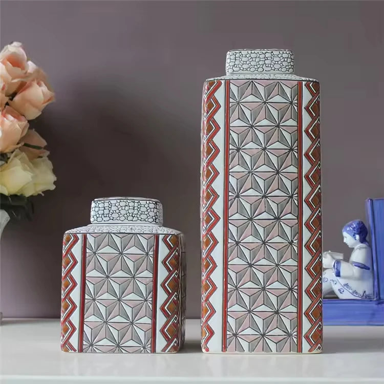Cream White Color Lattice Design Ceramic Set of 2 Porcelain Ginger Jars
