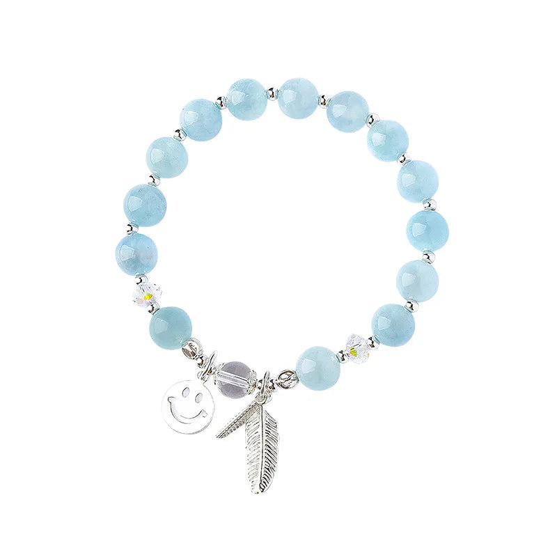 Noli Women's Bohemian Gemstone Jewelry 925 Sterling Silver Feather Smile Face Charms Blue Crystal Beaded Aquamarine Bracelet