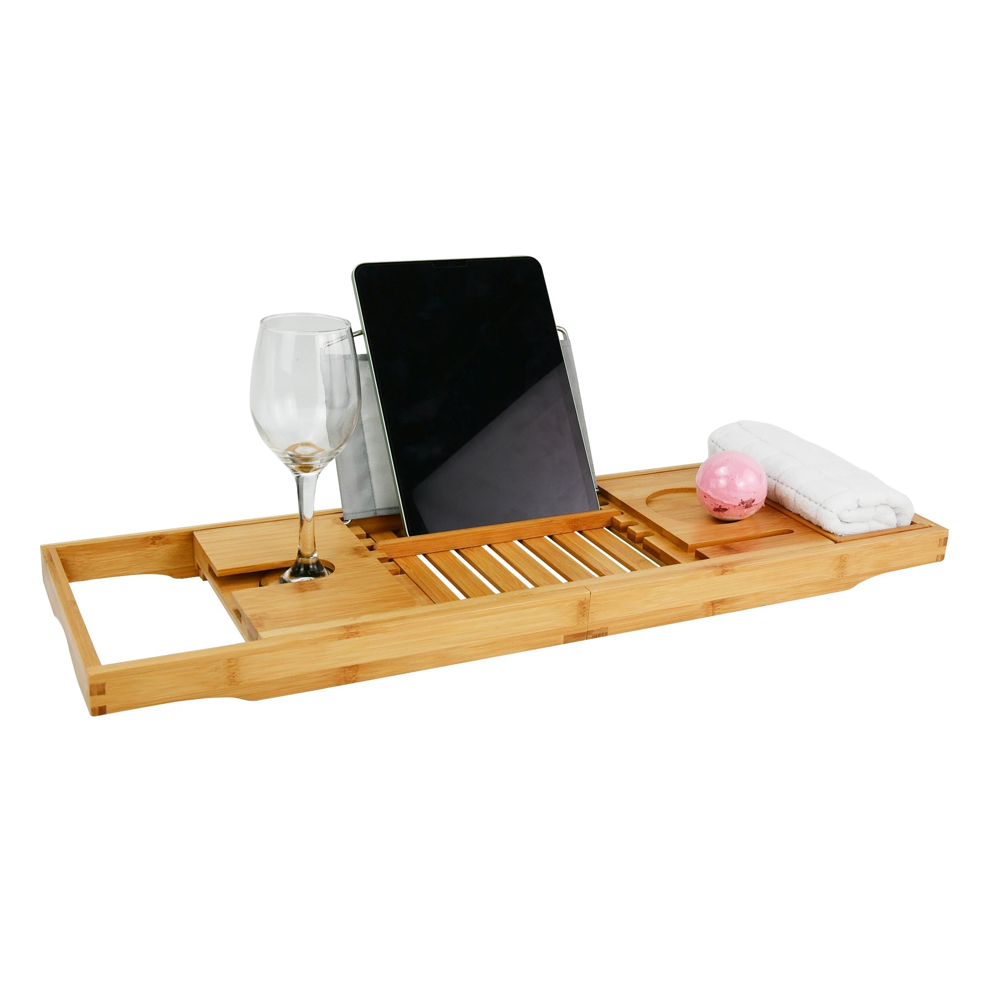 Bath Caddy Breakfast Tray Combo Eco-Friendly Natural Bamboo Wood Waterproof Customized Size with Folding Slide-Out Arms