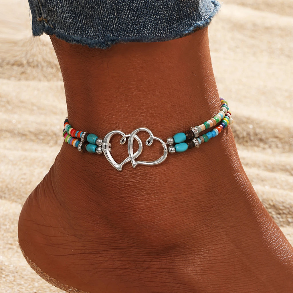 Bohemian Style Double Heart Beaded Multi Layer Anklet for Women Jewelry