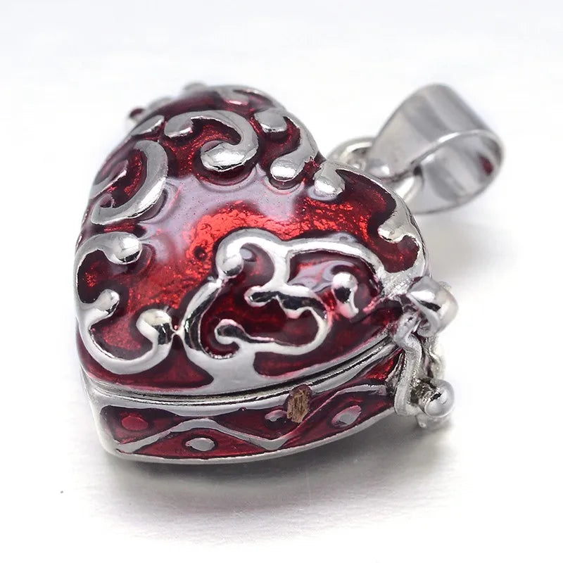 PandaHall 10 Pcs Wish Box Dark Red Enamel Heart Rack Plating Platinum Brass Prayer Box Pendants