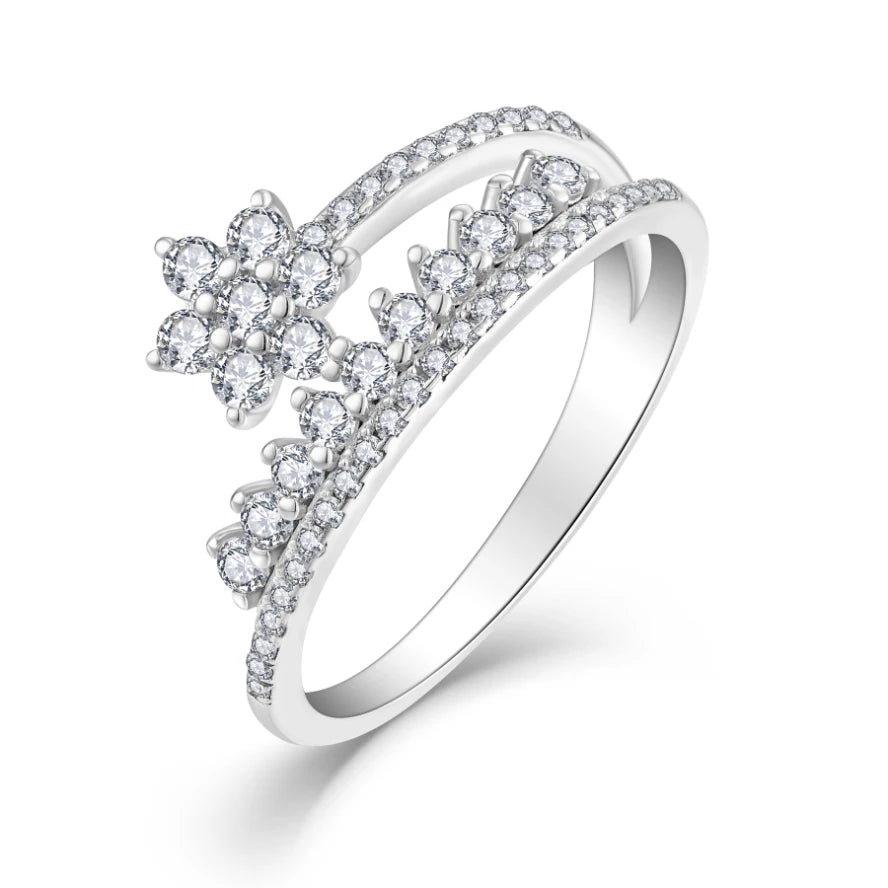 YILUN 925 Sterling Silver Flower Shaped Diamond Ring Sparkling CZ Open Adjustable Band Wedding Engagement Ring Jewelry for Women