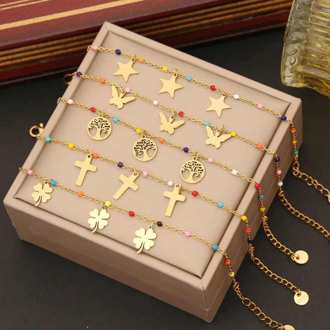 Wholesale Fashion 2023 Stainless Steel Colorful Beaded Link Chain Star Butterfly Heart Charm Cross Pendant Bracelets for Women