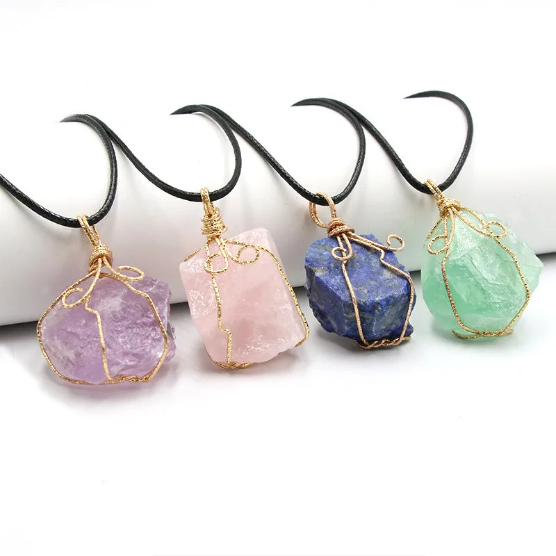 Natural Stone Pendant Necklace Irregular Crystal Raw Stone Wrap Silk Stone Pendant Gemstone Necklace Jewelry