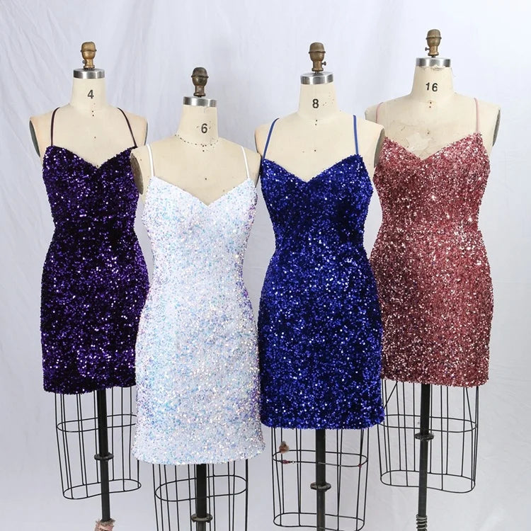 Lace up Back V Neck Spaghetti Straps Velvet  Sequin Dresses for Ladies Party Homecoming