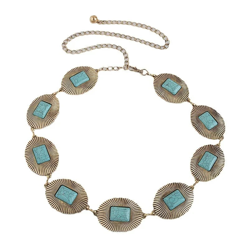 Factory Direct Sales Women Bohemian Beach Belt for Lady Dresses Metal Chain Belt for Western Cowgirls