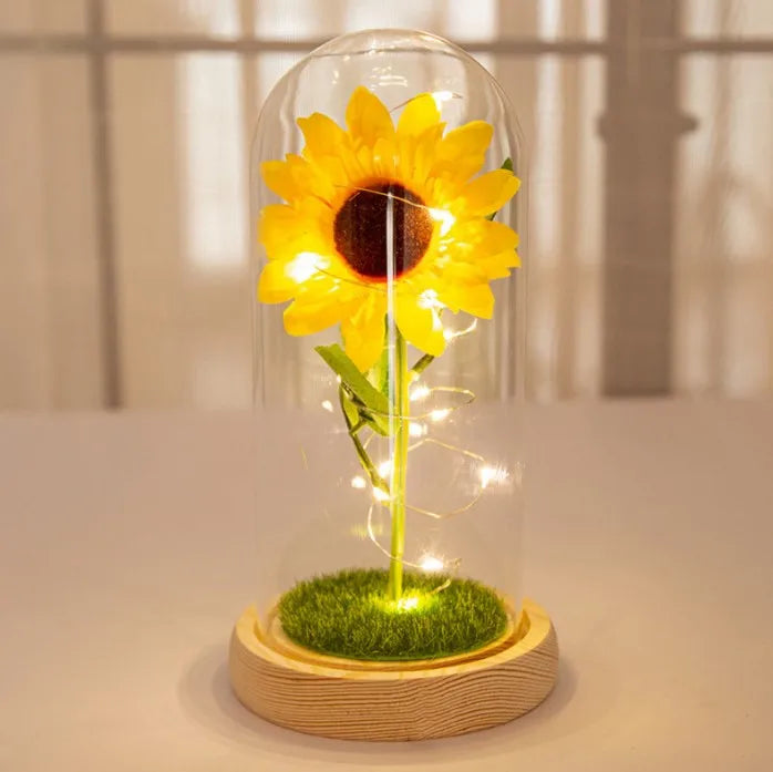 Valentine's Day LED Lamp Bouquet with Creative Glass Cover and Simulated Sunflower Decoration Cloth Material Unique Gift Idea