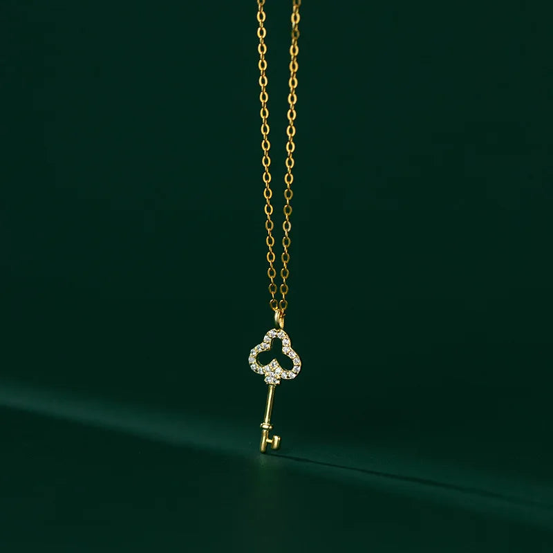 Fashion Minimalist Jewelry 925 Sterling Silver Key Diamond Zircon Pendant Gold Plated Necklaces for Women