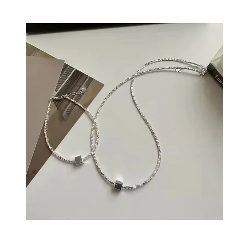 100% Real 925 Sterling Silver Broken Silver Beads Square Shape Beaded Necklaces Women Fine Jewelry