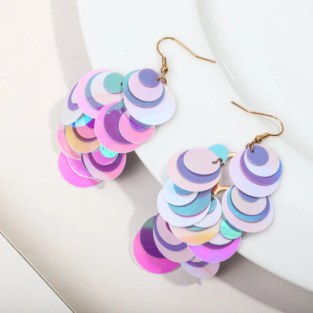 Factory Price Hip Hop Cool New Laser Pink Purple Korean Multi-layer Sequin Reflective Eyes Grape Designer Earrings for Women