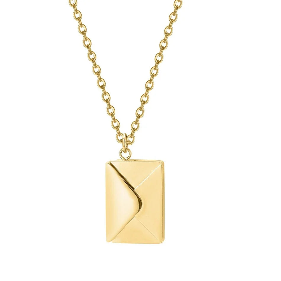 14K Gold Plated Stainless Steel Custom Engraved Envelope Pendant Necklace Titanium Steel Love Magnet Envelope Choker Necklace