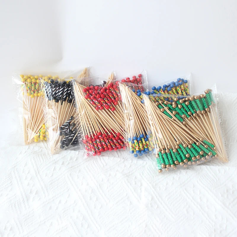 J&M Double Red for Ball Cocktail Picks Disposable Decorative Bamboo Party Skewers in Red Yellow Black Braided Picks