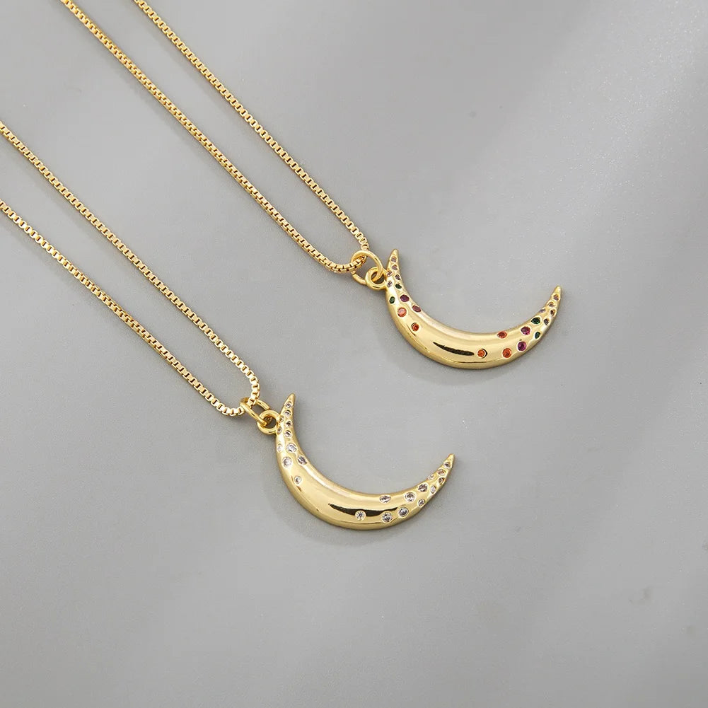 Hip Hop Punk Box Chain Necklace Unisex Gold Plated Metal Copper Trendy Pendant With Zircon Moon Diamond Female Accessories