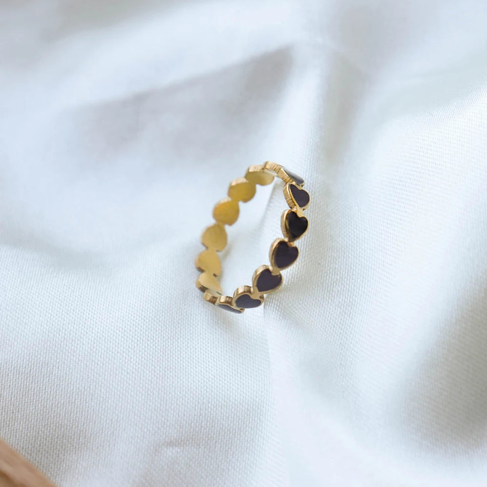 Chris April Dainty Fashion Jewelry PVD Gold Plated 316L Stainless Steel Minimalist Spade Hearts Black Enamel Ring