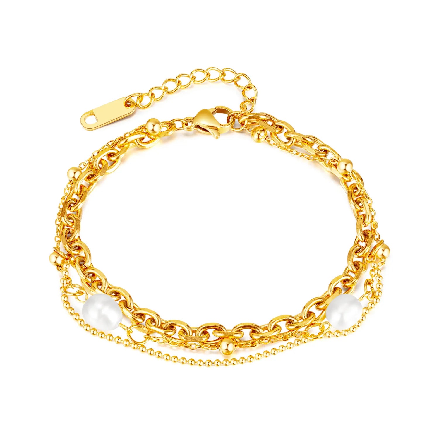 High Sense Women's Double-Layer Stainless Steel Pearl Bracelet Gold Plating Classic Girls' Link Chain Jewelry for Weddings Gifts