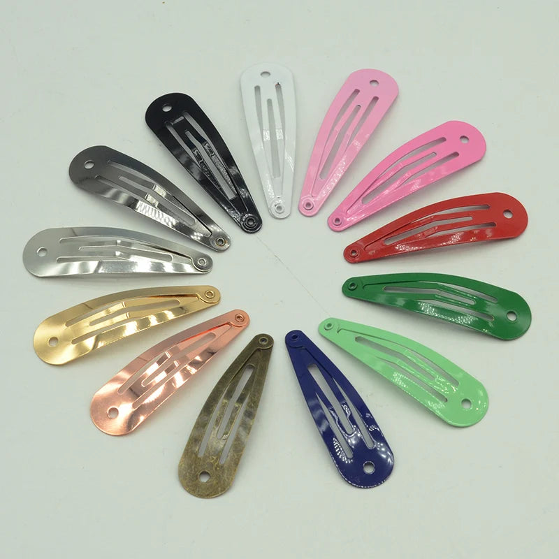 5.0cm Colorful Tear Drop Metal Snap Hair Clips With Round Hole Plain BB Hairpins Kids Boutique Hair Accessories