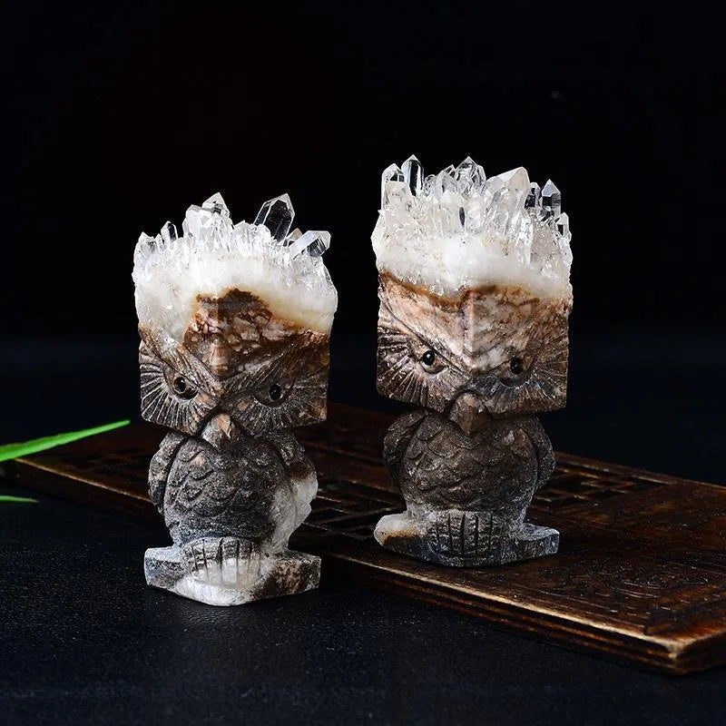 Natural White Sparkling Cluster Owl Decorative Crystal Stone Carved Mineral logo Creative Home and Office Decoration