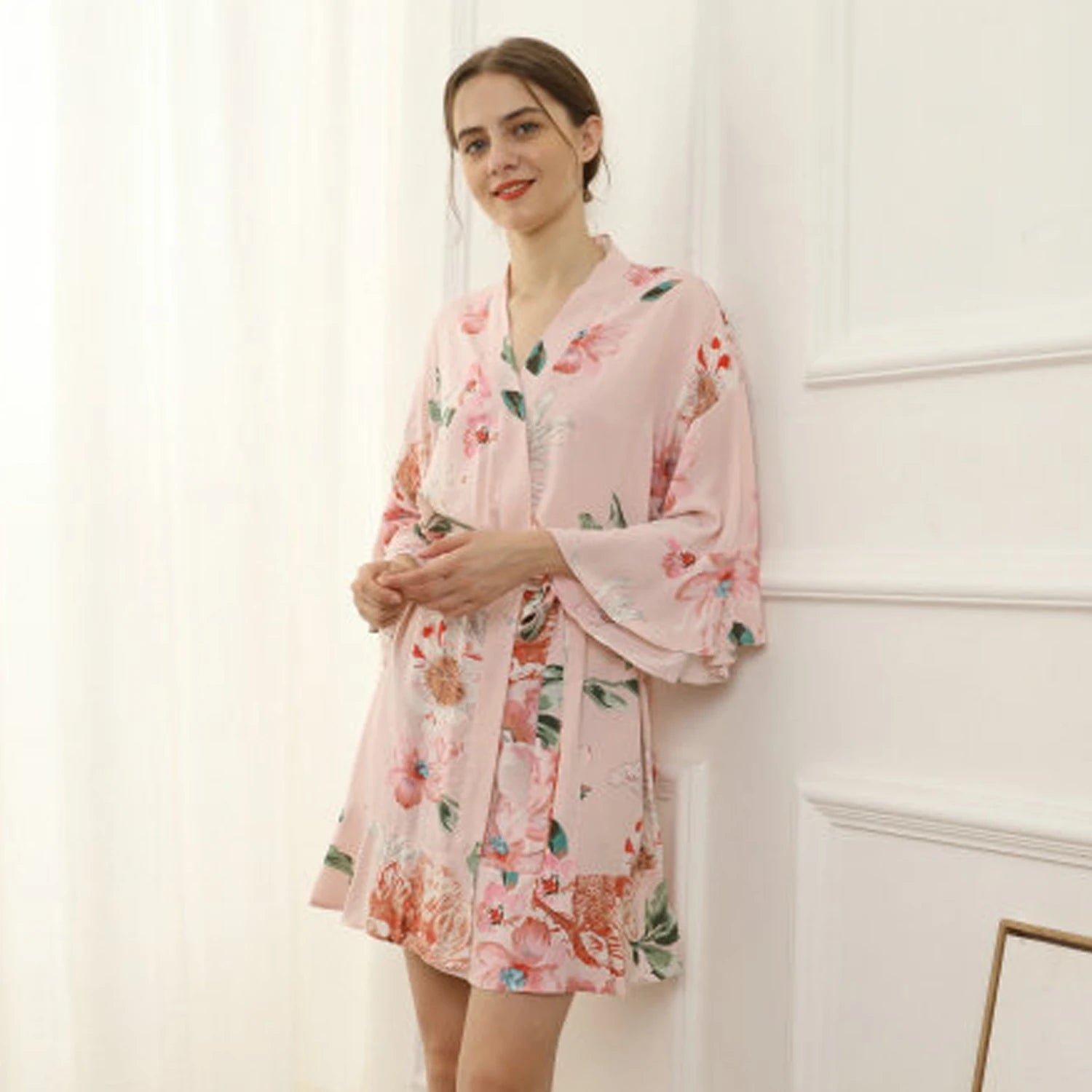 FUNG 6012 Plus Size Summer Short Sleeve Knee Length Rayon Floral Bridesmaid Robes