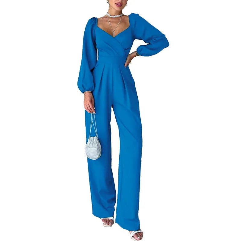 New Arrival Women's Elegant Blue Solid Color Bodycon Jumpsuit Long Sleeves Pleated Deco Wide Backless Leg for Casual Fall Wear