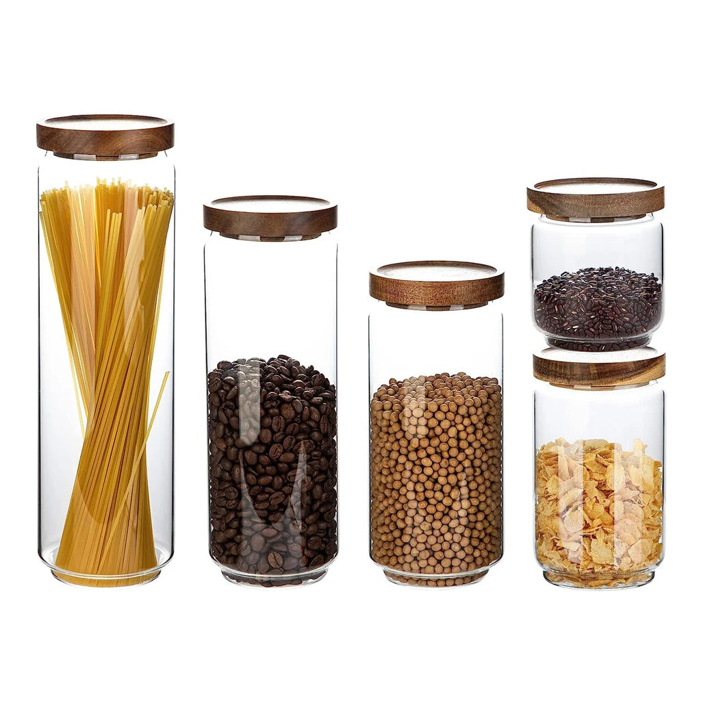 High Borosilicate Glass Eco-Friendly Multifunction Storage Containers Set Kitchen Food Canisters Wooden Lids Elegant Glass Jars