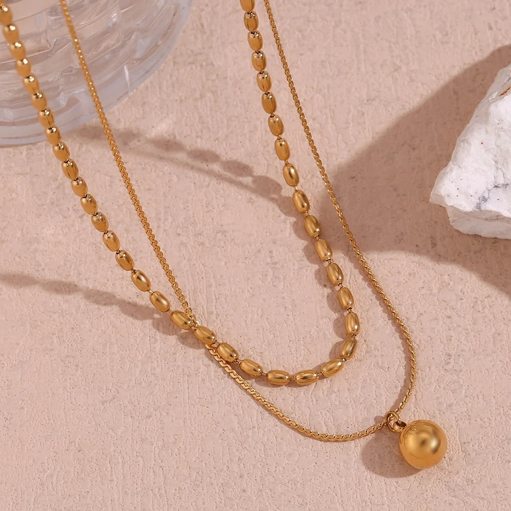 Dreamshow Minimalist Double Layer Bead Pendant Necklace Tarnish Free Jewelry Gold Plated Stainless Steel Necklace