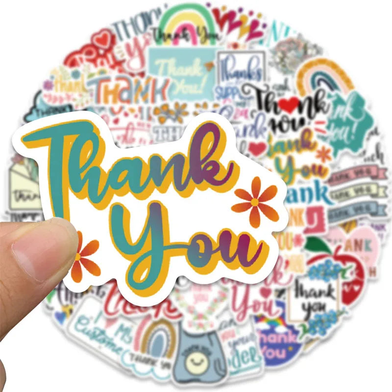 2022 New Inspirational 'Thank You' PVC Stickers 50Pcs Waterproof Non-Repeating Decorative Designs for Suitcase Notebook UV