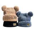 New Arrived Plush Little Bear Knitted Hat Metal Label Knitted Plush Thickened Ear Protection Hat