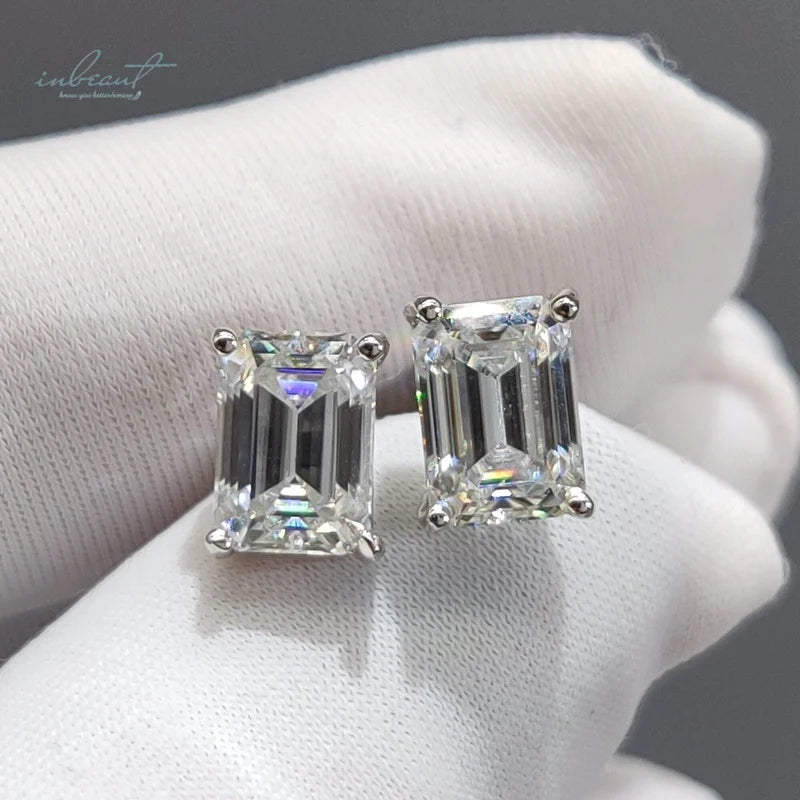 Silver 925 Original Emerald Brilliant Cut Total 6 Carat Pass Diamond Test D Color Moissanite Wedding Stud Earrings Fine Jewelry