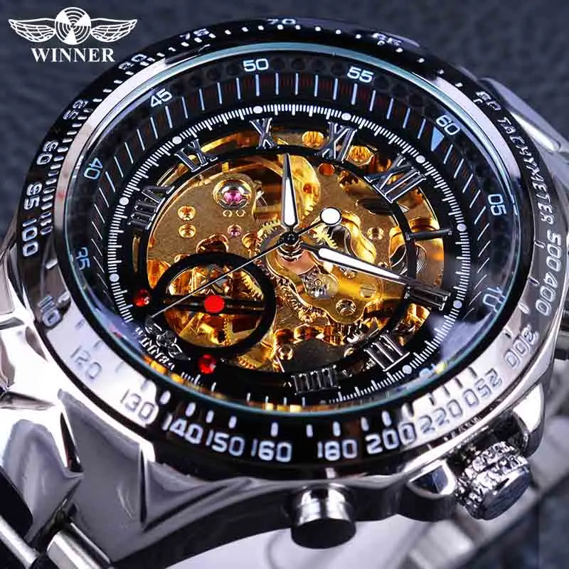 Winner Classic Series Golden Movement Steel Mens Man Wrist Watch Mechanical Top Brand Luxury Fashion Automatic Watches