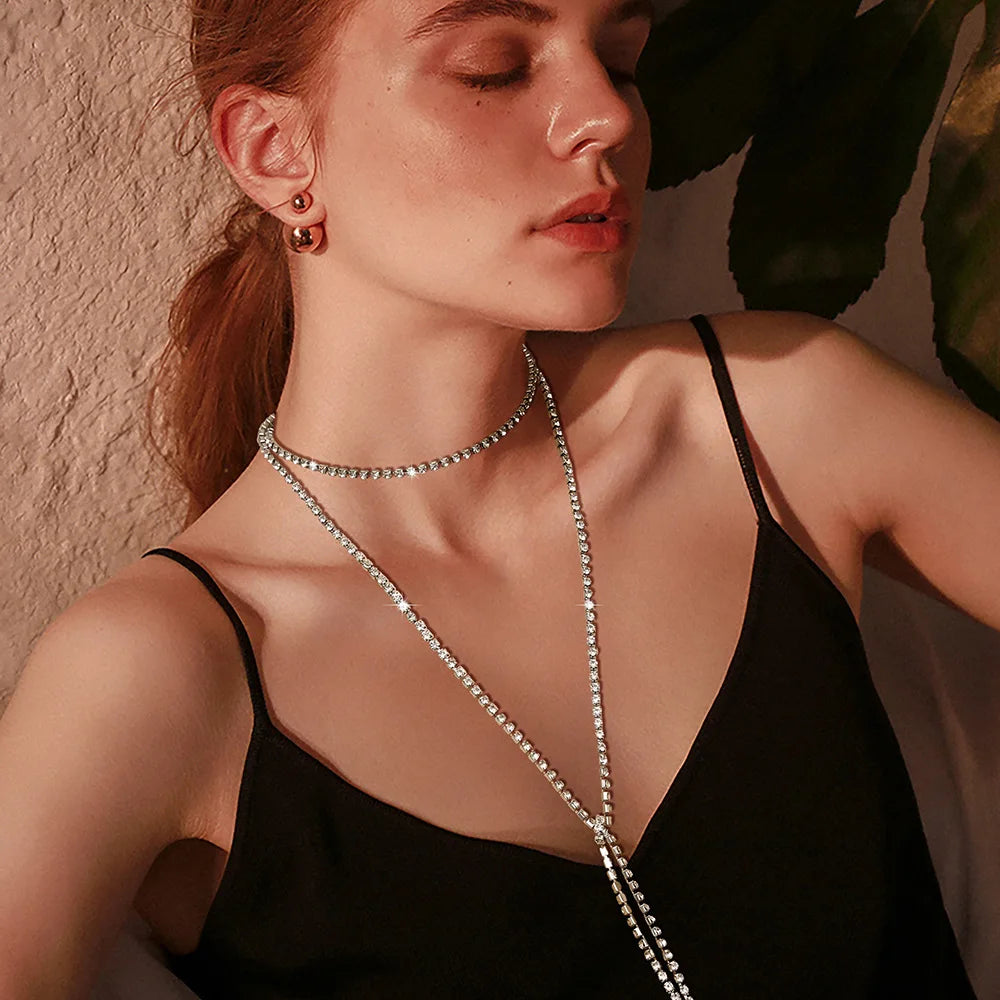 Jewelry Cool Clavicle Multi Layer Gold Chain Rhinestone Necklace 150Cm Choker Long Silver Luxurious for Women
