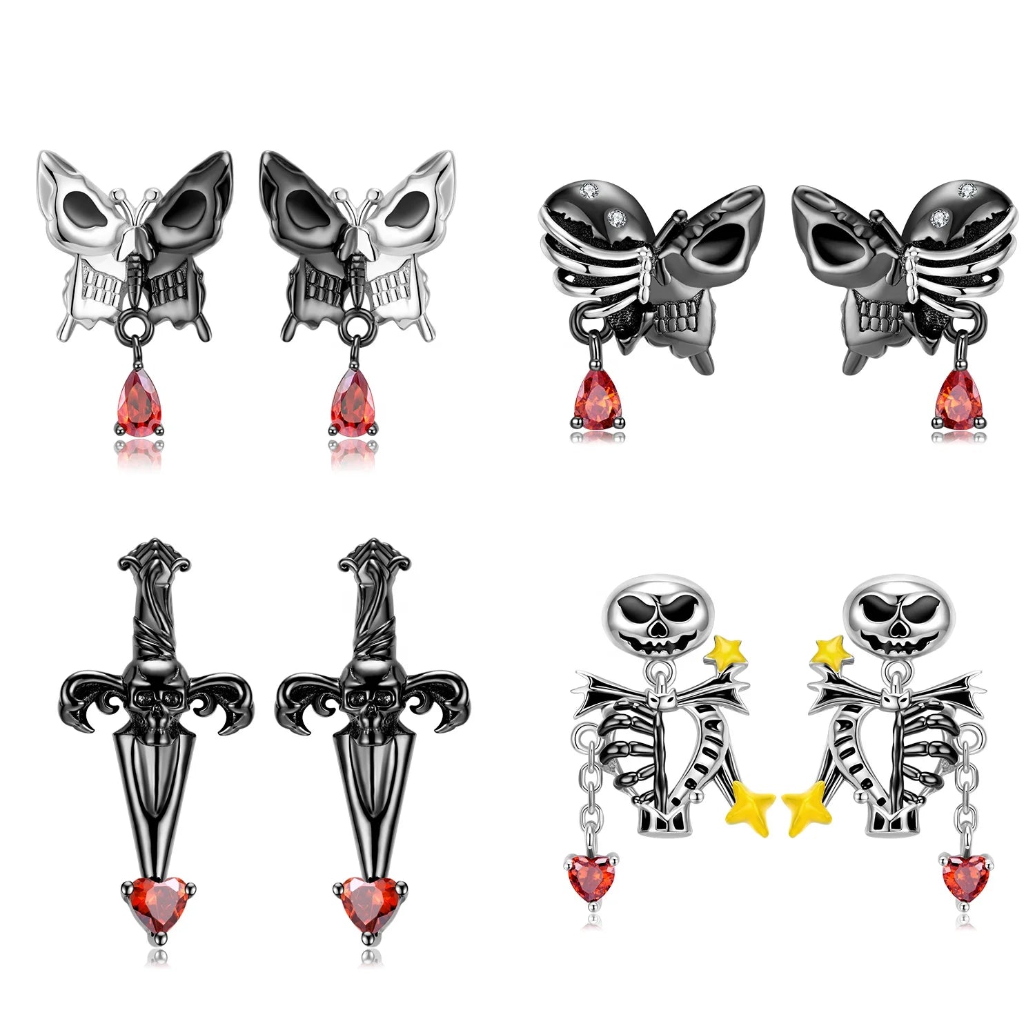 Black and White Butterfly Skull Stud Earrings with Evil Red Zircon Real 925 Sterling Silver Ear Studs for Women Earrings Jewelry