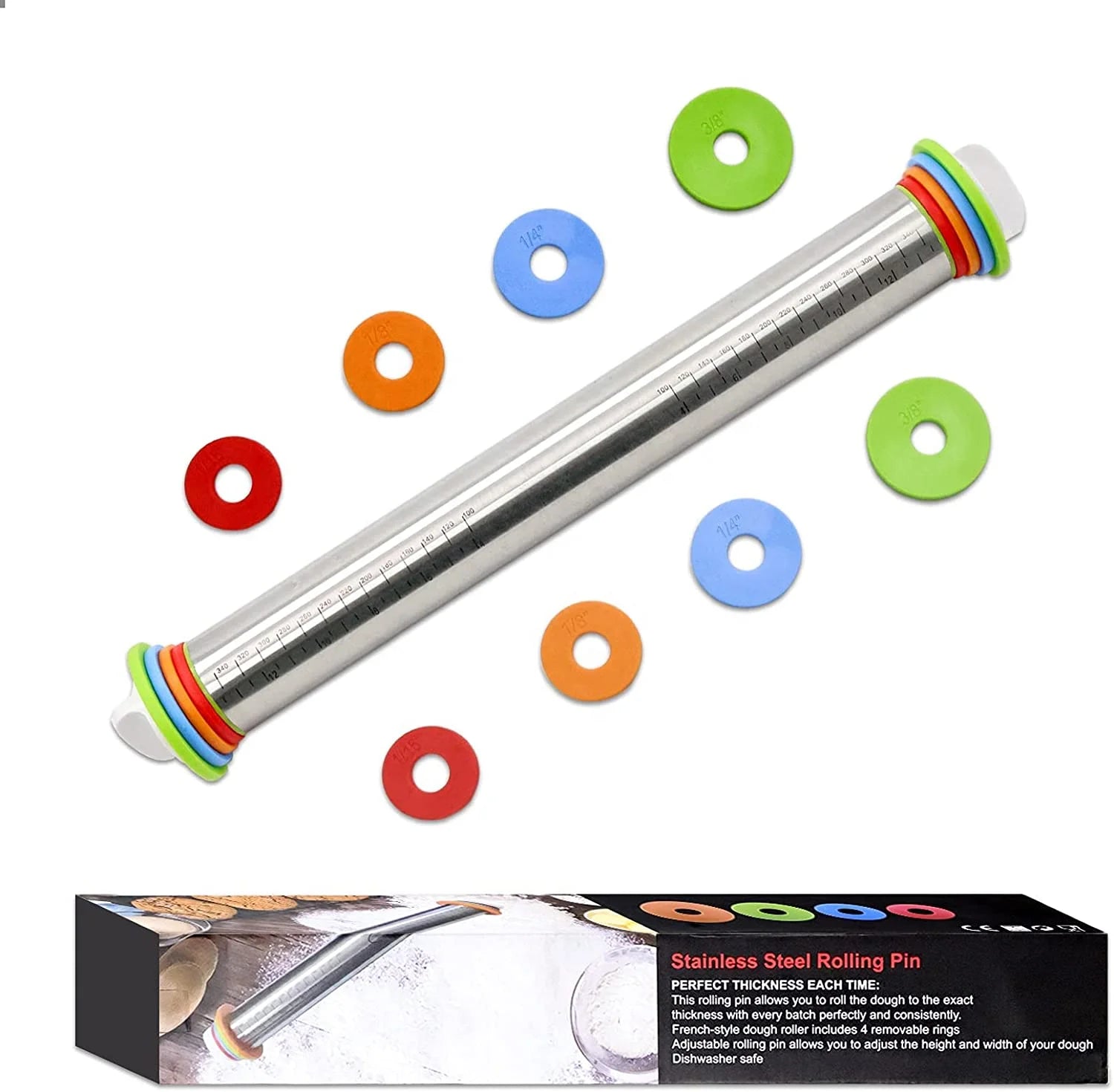 Rolling Pin with Thickness Rings- Adjustable Stainless Steel Roller Guides-Non Stick Dough Roller Pin
