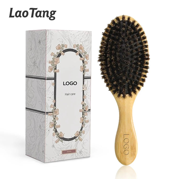 Eco Friendly Natural Custom Logo Hair Brush Bamboo Wood Boar Bristle Hair Brush for Women Hair Extension Wig Brush