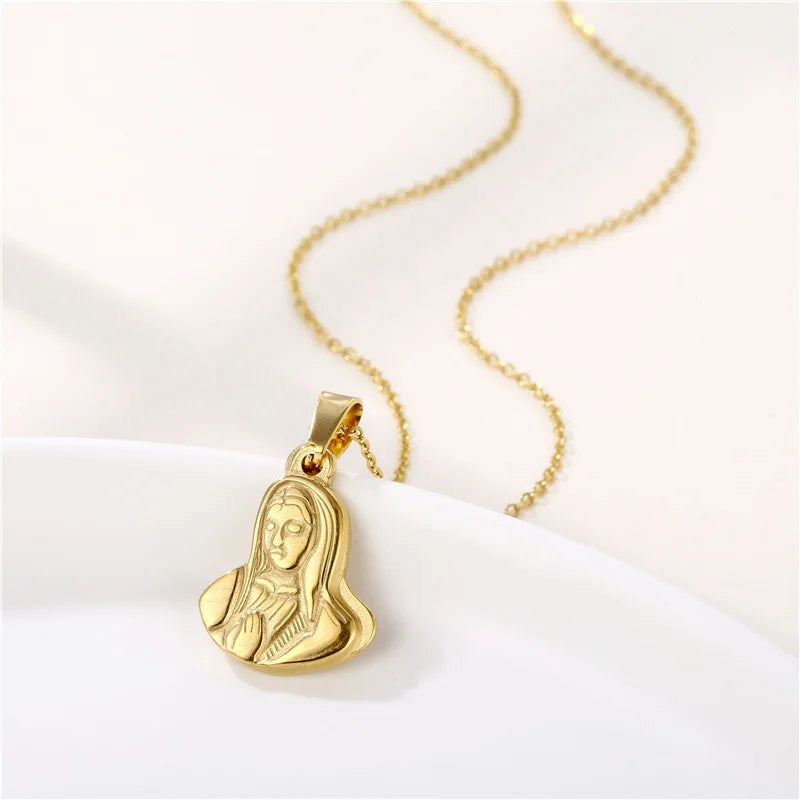 Religion Jesus  Cross Mary Necklace Stainless Steel Gold Plated Chain Virgin Mary Pendant Necklace for Women Jewelry