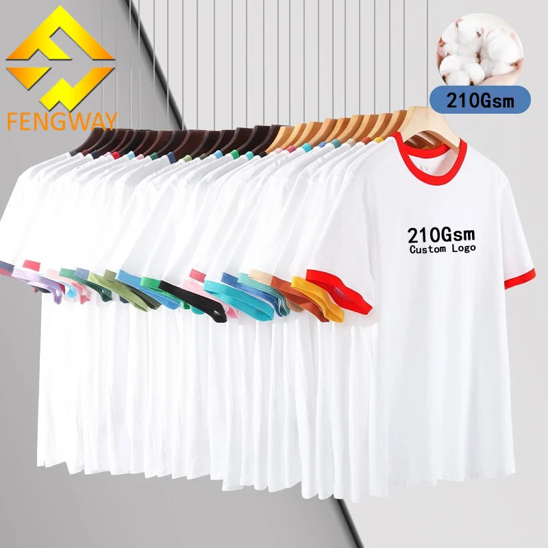 210g Heavyweight 100% Cotton Men's T-Shirt Customizable Short-Sleeved Top with Contrasting Color Stitching for Group Work