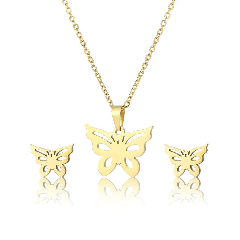 Fashion Butterfly Necklace Earring Set Butterfly Collar Chain Gold Plated Stainless Steel 2Piece Jewelry Set Cross Border Source