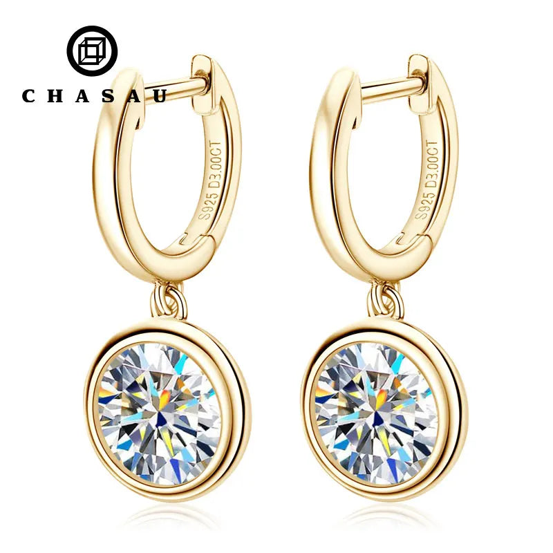 Chasau New Gold Hoop Earrings Genuine 925 Silver 1CT 2CT 3CT Moissanite Drop Earring Wedding Jewelry With Certificate