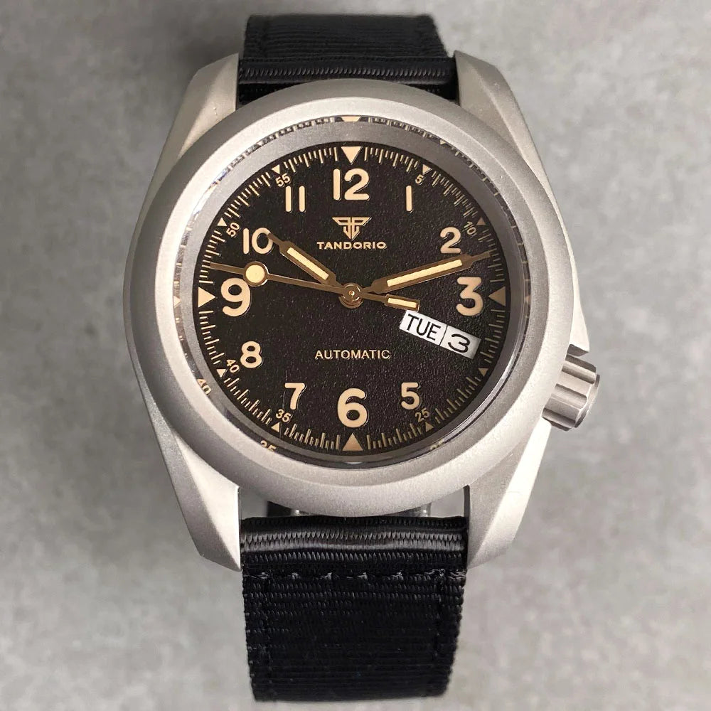 40mm Tandorio Diving Watch Men Weekday 3.8 Crown Field Wristwatch NH36 Steel Sandblast Case Green Luminous 20bar Clock