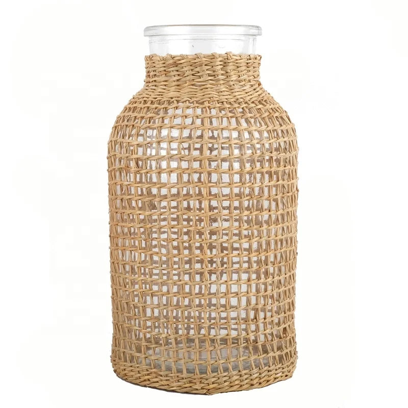 Small Nordic Country Style Rope Net Dry Flower Glass Vase Triangle Straw Nordic Hydroponic Glass Vase for Home Decoration