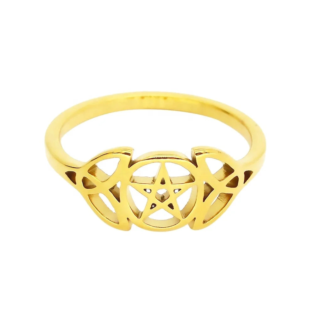 Gothic Punk Occult Witchy Jewelry Gold Hollow Stainless Steel Wiccan Pentacle Ring Women Celtics Knot Ring Goth Accessories